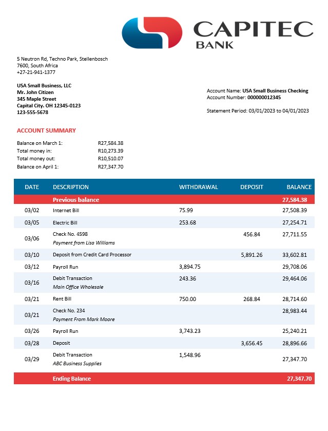 Modèle Word et PDF de relevé de compte d'entreprise de Capitec Bank